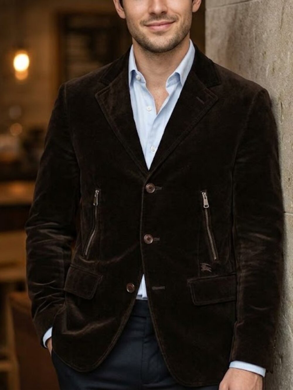 BURBERRY Men’s Velvet Blazer Jacket Brown Single Breasted Zip Pockets Size S